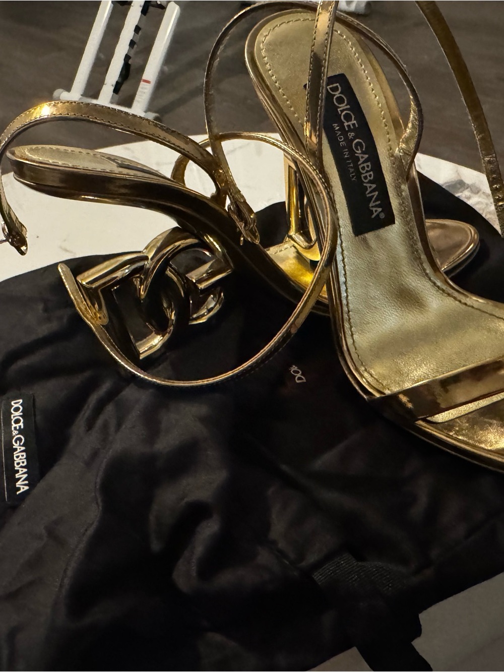 Dolce & Gabbana Gold Sculptural Heel Strappy Sandals